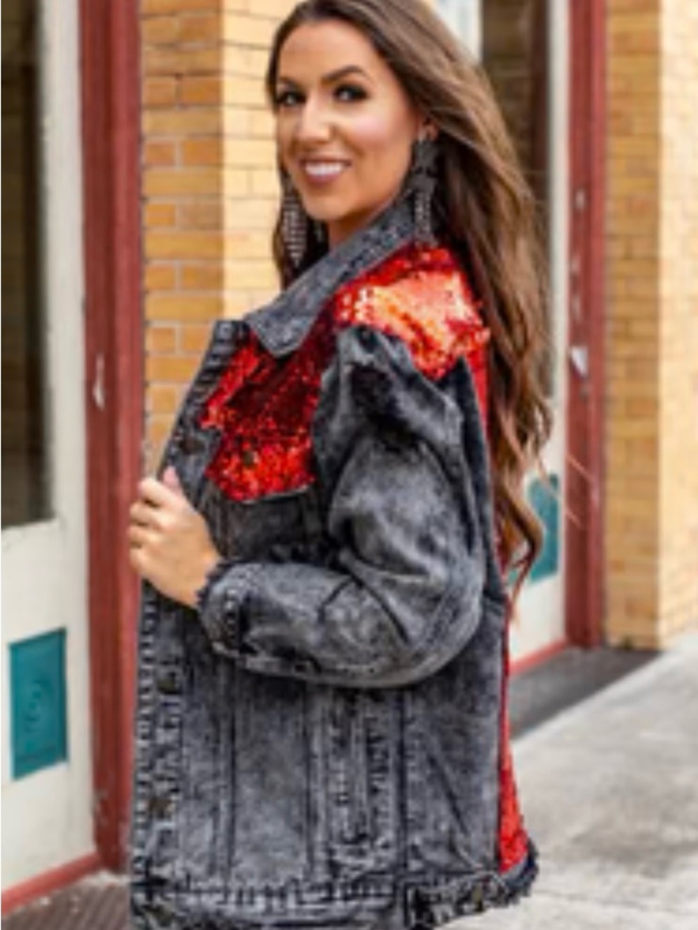 L&B Sequin Accent Washed Black Denim Jacket - Red/Black size L